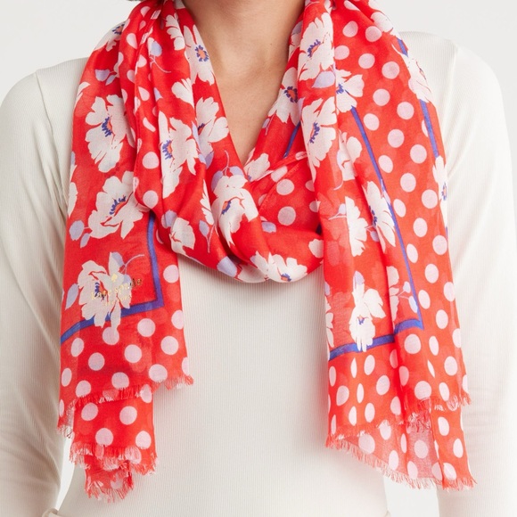 NWT Kate Spade ♠️ New York Springtime Floral Oblong Ponderosa Red Scarf - Picture 1 of 8